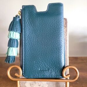 Leather EUC Fossil Teal/ Green Phone Case with Tassels